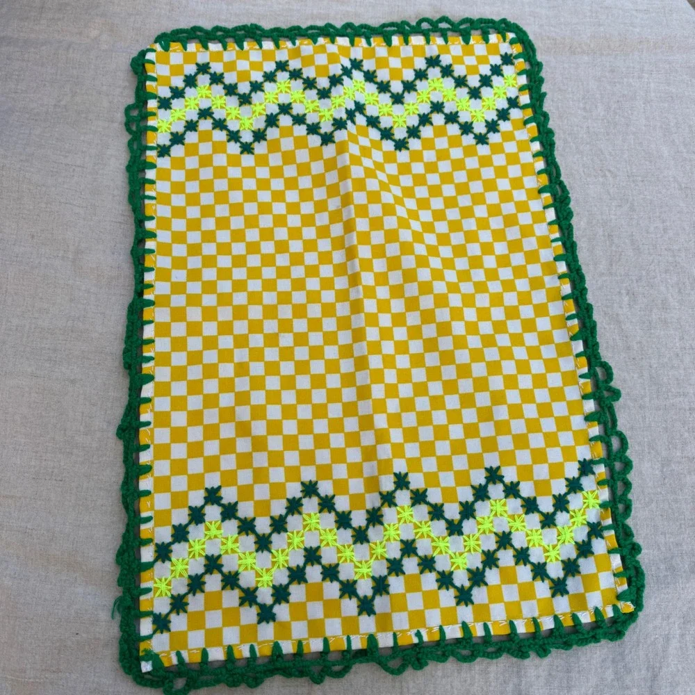 Vintage Gingham Hand Towel Yellow Green Checker Embroidered Crochet Trim table